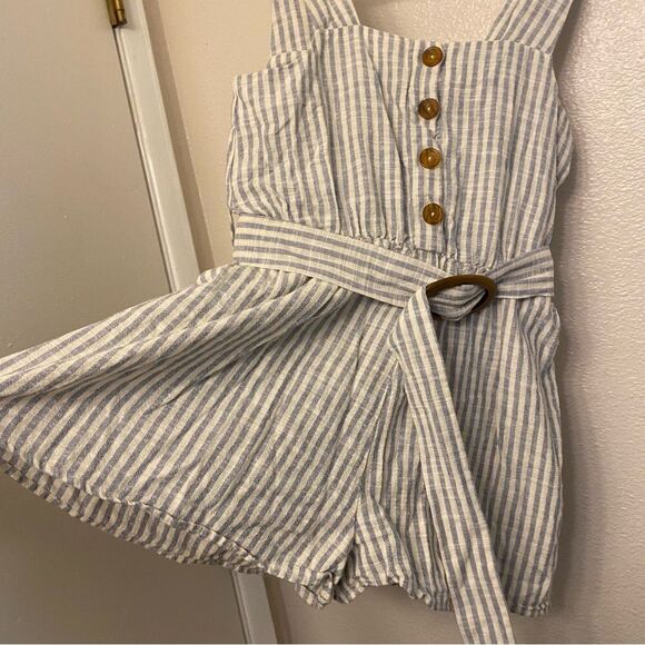 Zara linen white blue striped belted button front romper jumpsuit sailor XS - Picture 5 of 13